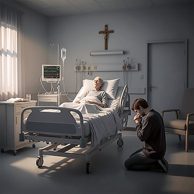 [Habitación de hospital con enfermo en cama y un  hombre arrodillado en actitud de rezar]